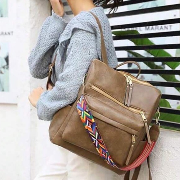 Luxe Vegan Leather Colorful Strap Backpack Shoulder bag - Picture 7 of 8